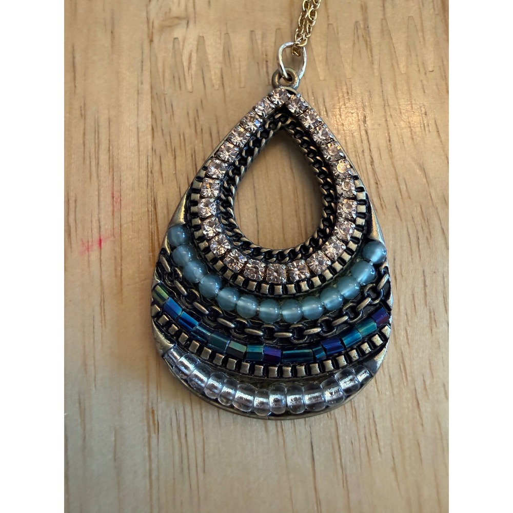 Boho Teardrop Statement Necklace Silver Gold Tone Blue Beaded Crystal Pendant